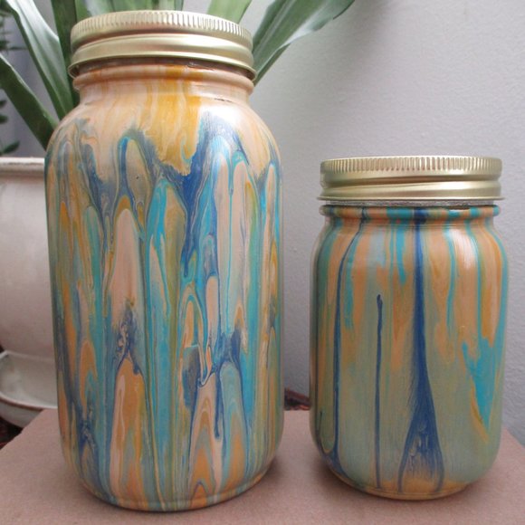 2 Original Decorative Storage Jars Fluid Pour Paint Technique Quart and Pint - Picture 2 of 2